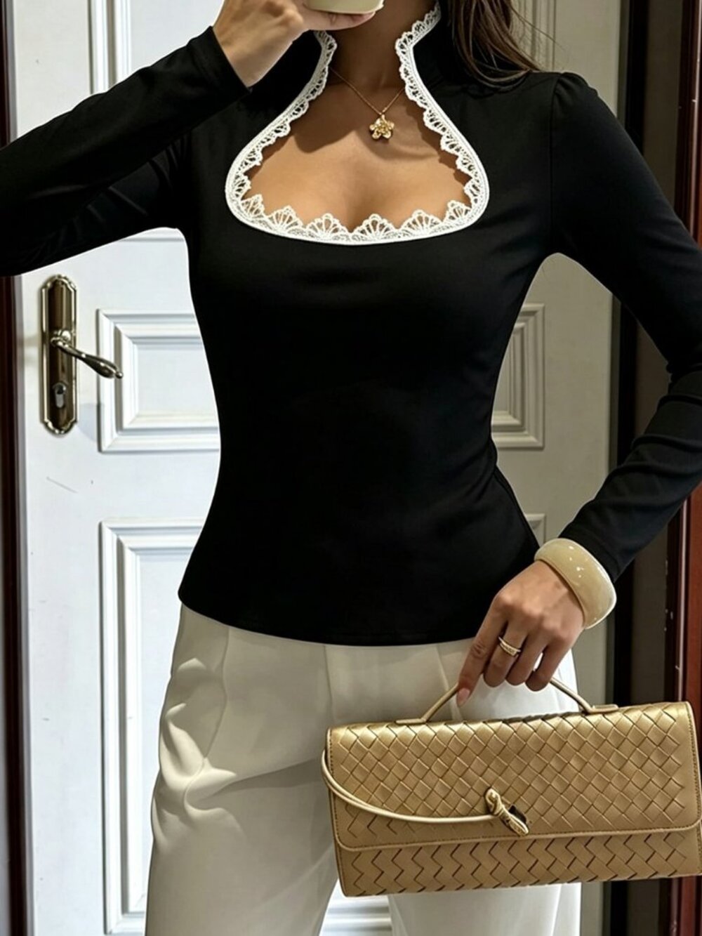 Black Sexy Women's Lace Cut Out Stand Collar Long Sleeve Top